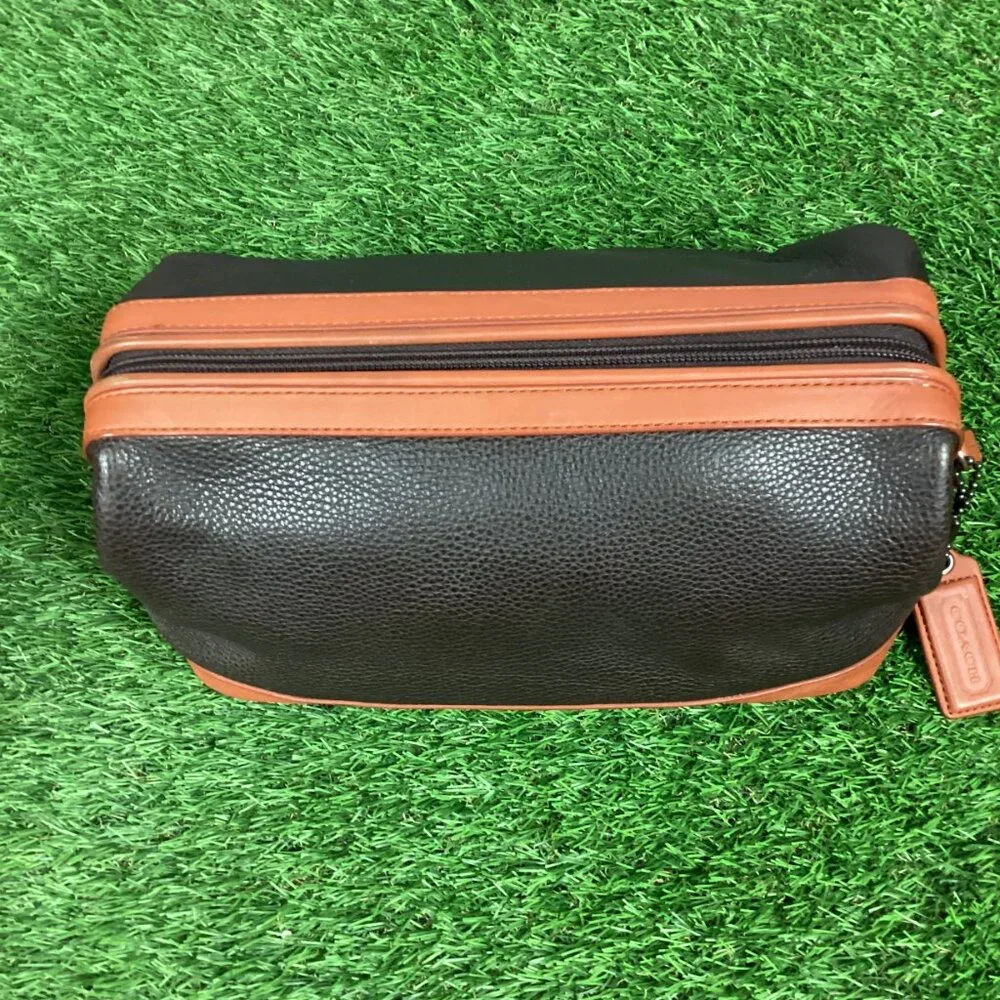 Coach Black & Dark Tan Leather Toiletry Bag Case